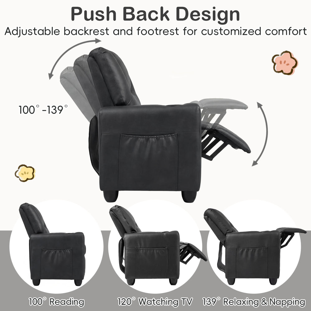 Black 2-seater kids recliner with adjustable backrest, footrest, and cup holders for comfortable lounging.