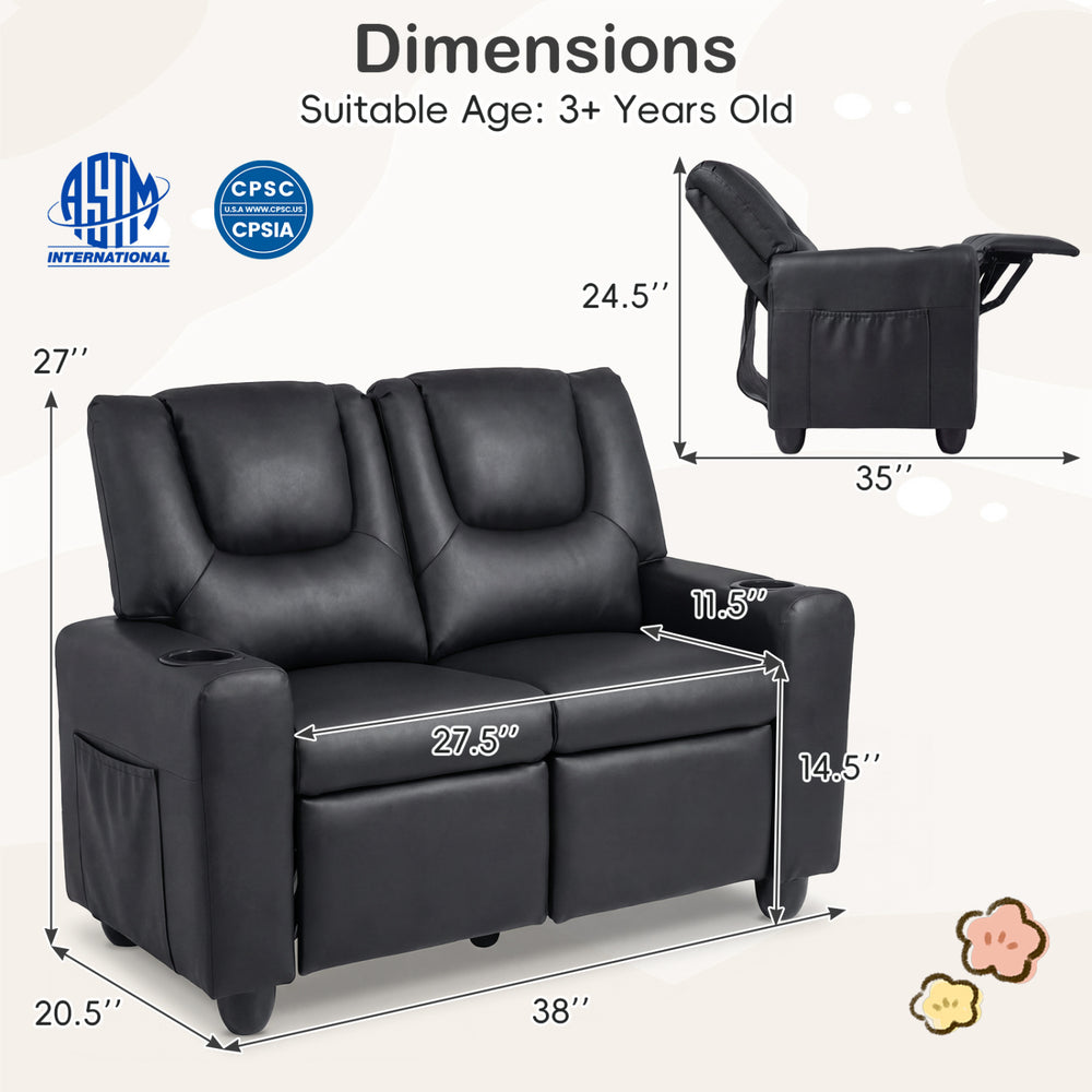 Dimensions chart for black 2-seater kids recliner sofa chair, suitable for ages 3+, featuring adjustable backrest and.