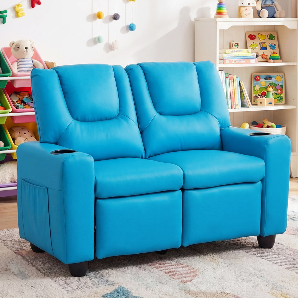 2-Seater Kids Recliner Double Toddler Sofa Chair with 2 Cup Holders-Blue - Gallery View 1 of 10