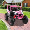 Pink 2-seater kids UTV with remote control, featuring safety belts, headlights, and durable wheels for outdoor fun.