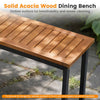 Solid acacia wood dining bench with slatted surface and metal legs, suitable for outdoor use and easy cleaning.