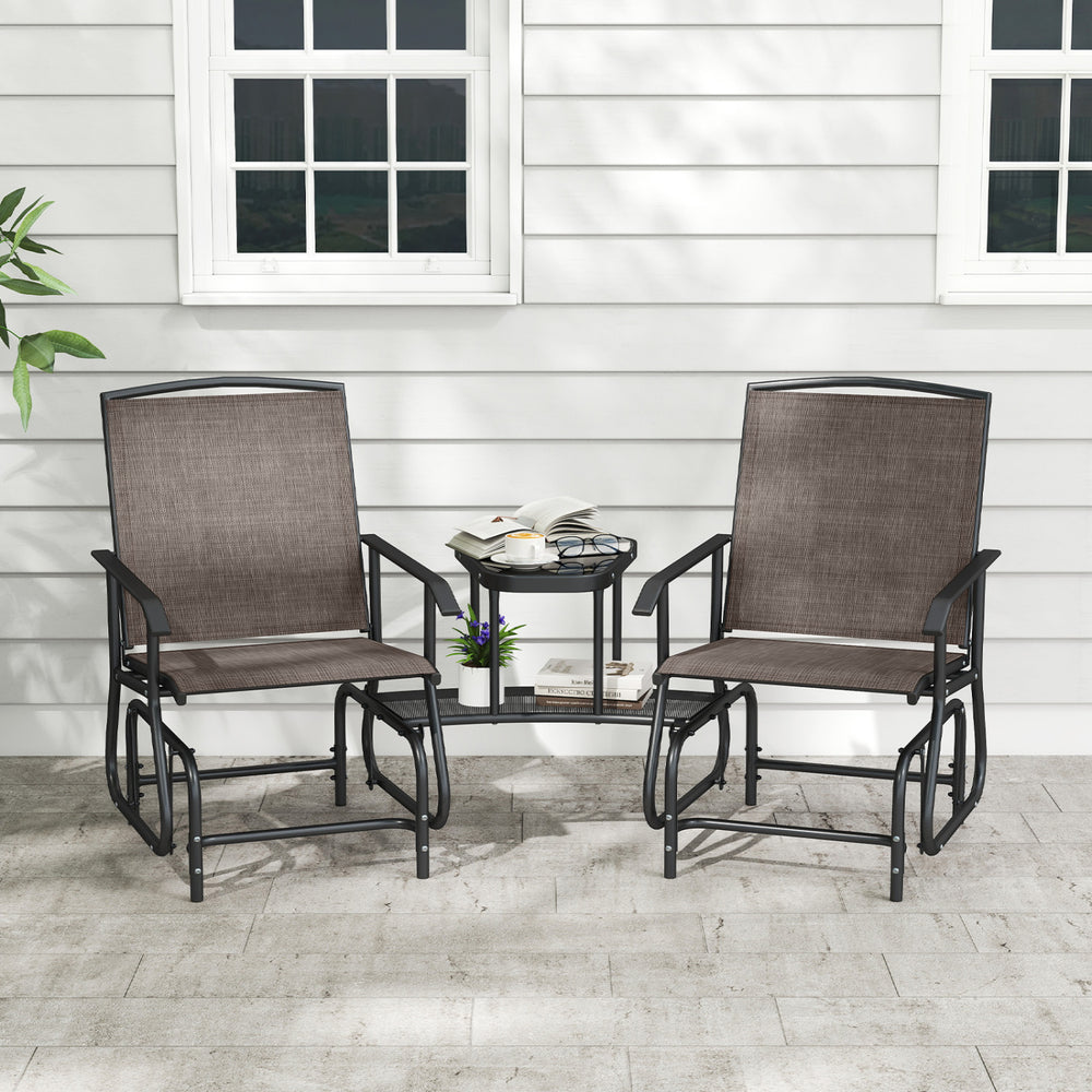 2-Seater Outdoor Glider Bench with 2-Tier Center Table-Brown - Gallery View 1 of 10