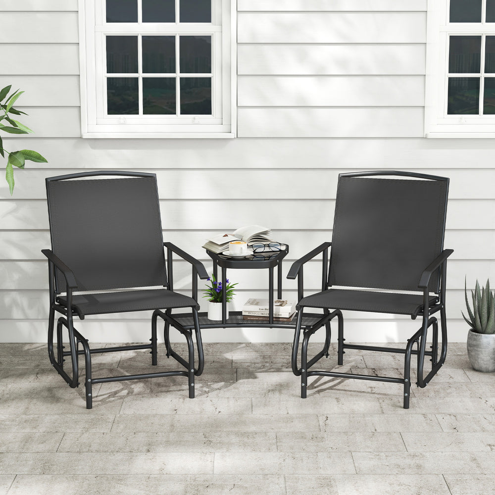 2-Seater Outdoor Glider Bench with 2-Tier Center Table-Black - Gallery View 1 of 10
