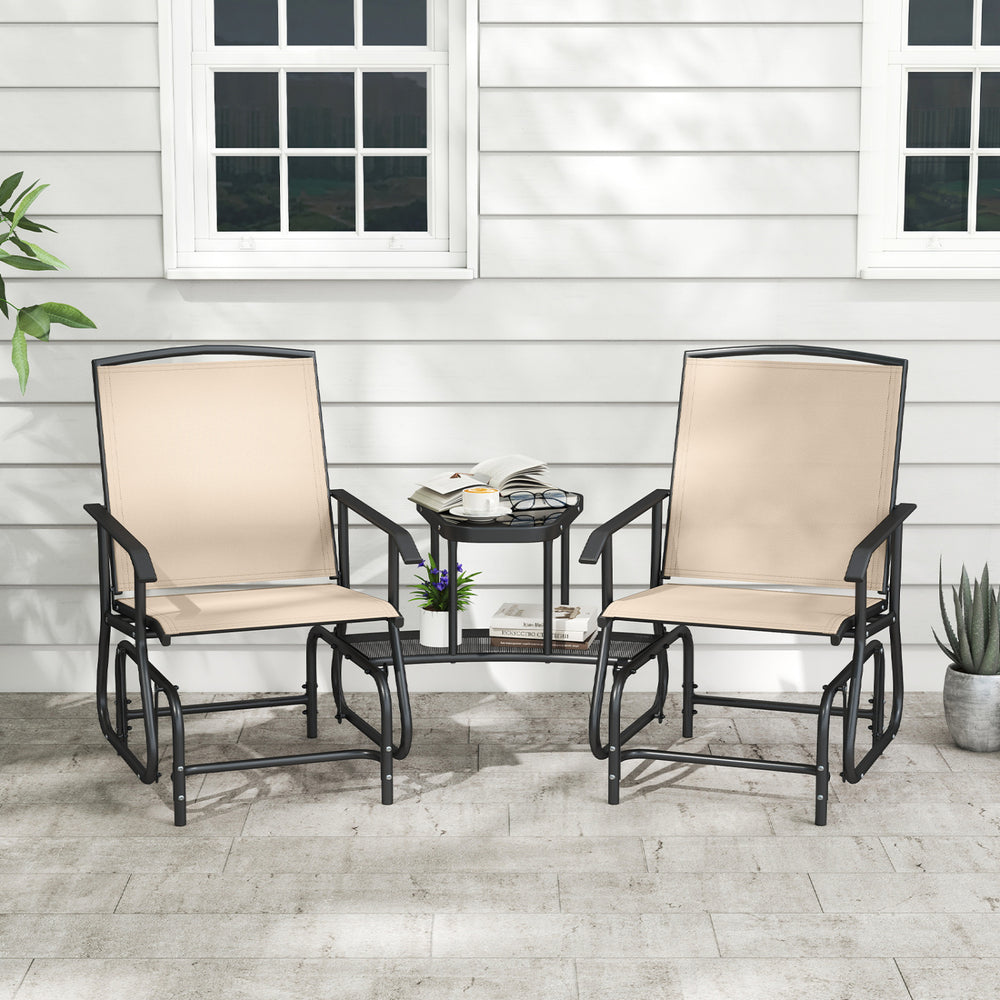 2-Seater Outdoor Glider Bench with 2-Tier Center Table-Beige - Gallery View 1 of 10