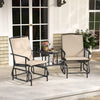 Two beige outdoor glider chairs with a center table, featuring breathable mesh fabric and a robust metal frame for comfort.