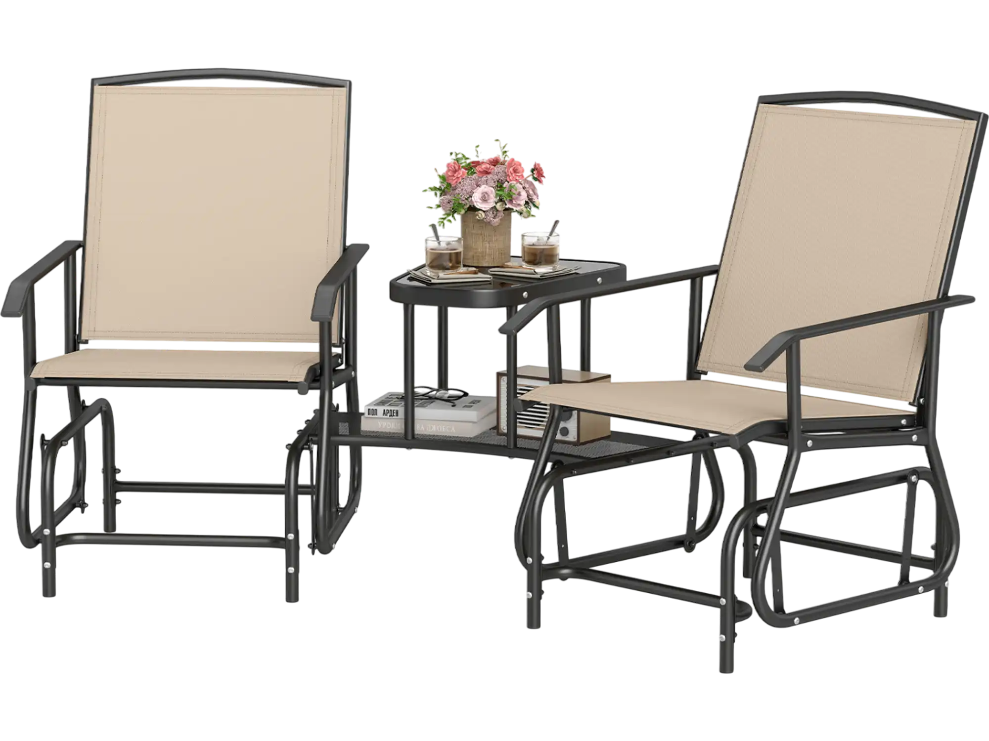 Costway 2-Seater Outdoor Glider Bench w/ 2-Tier Center Table 53032537 New