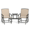Two beige outdoor glider chairs with a two-tier center table, featuring breathable mesh fabric and a robust metal frame.
