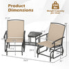 2-seater outdoor glider bench with a 2-tier center table in beige, featuring breathable mesh fabric and a robust metal frame.