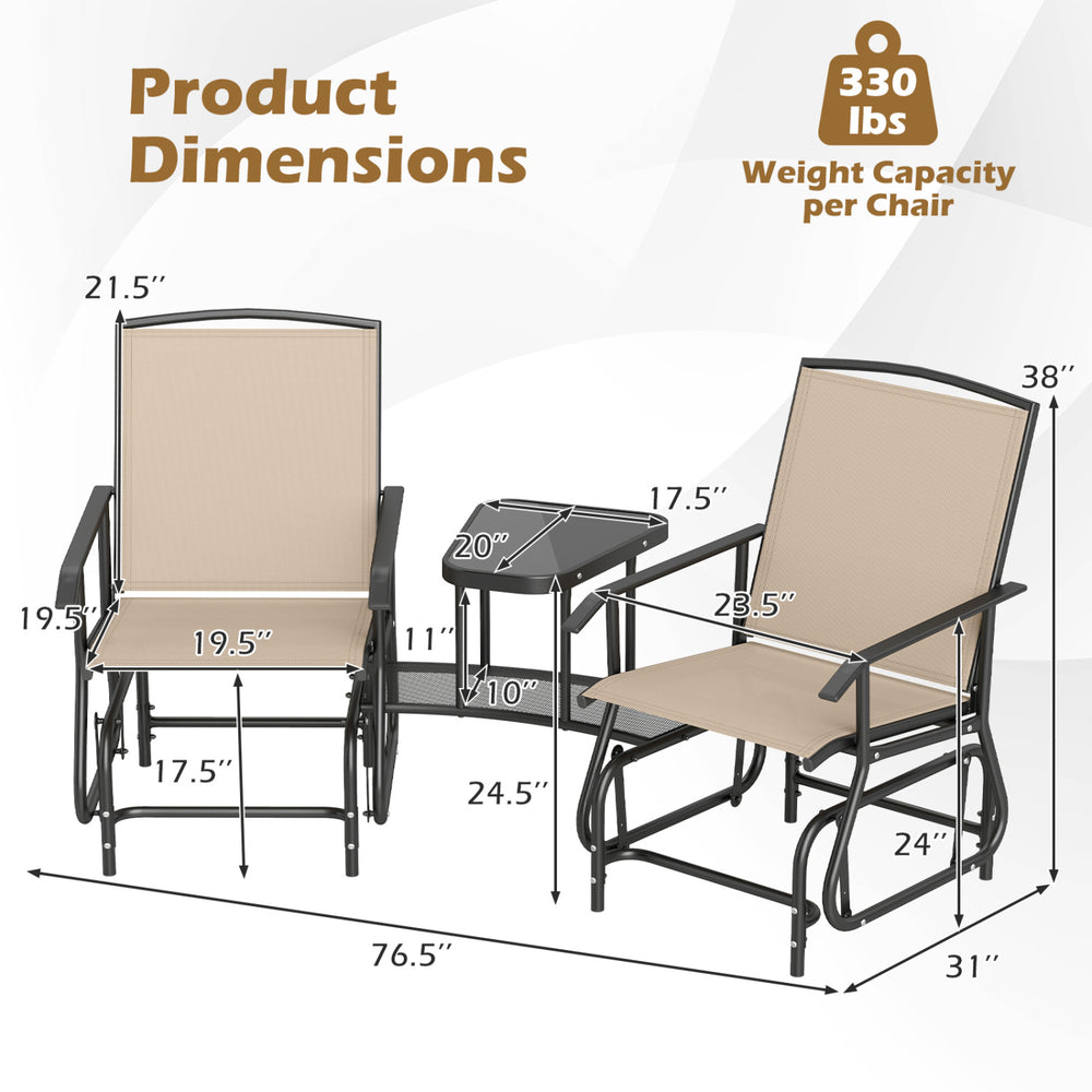 2-seater outdoor glider bench with a 2-tier center table in beige, featuring breathable mesh fabric and a robust metal frame.