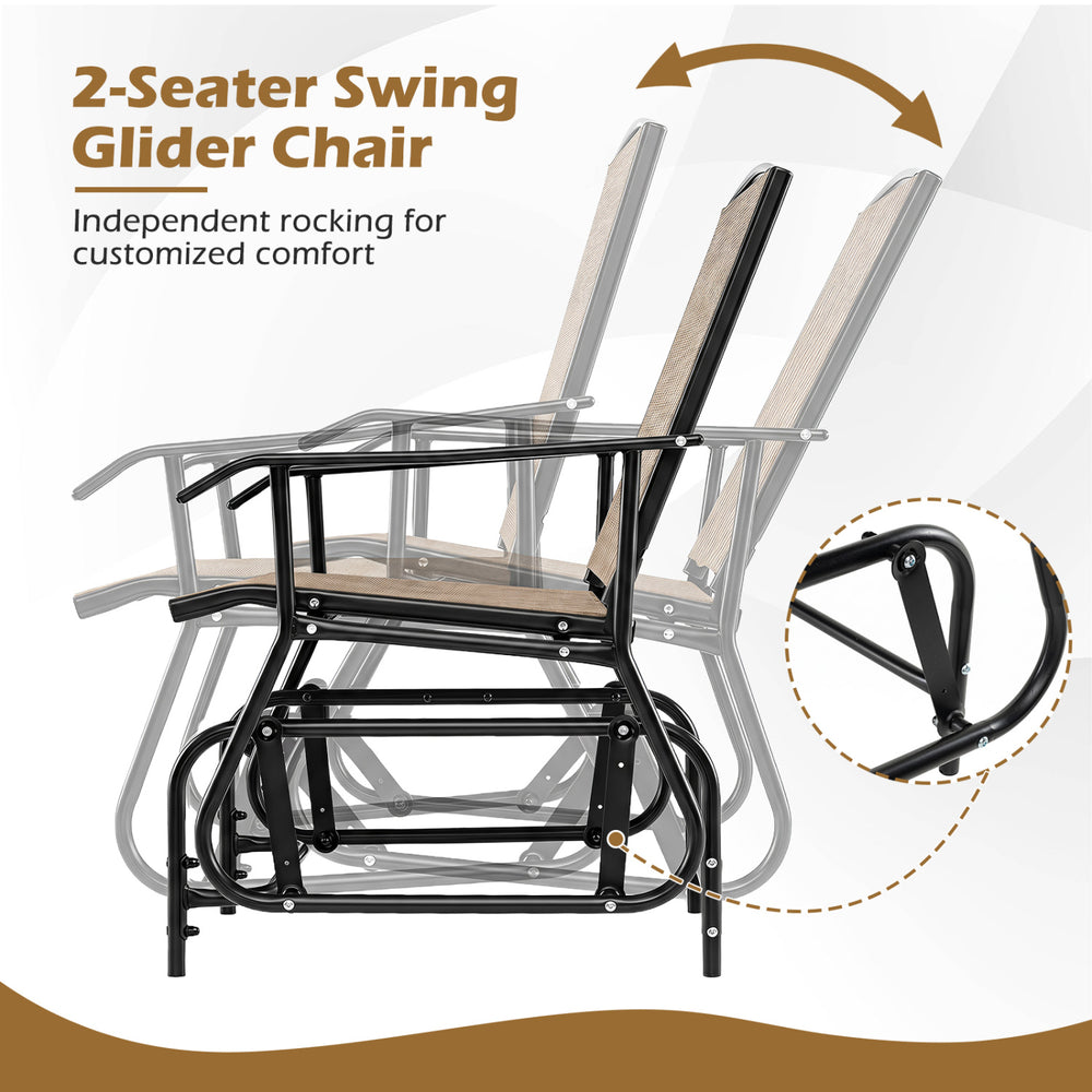 2-seater outdoor glider bench with a built-in table and breathable mesh fabric for comfortable relaxation in any setting.