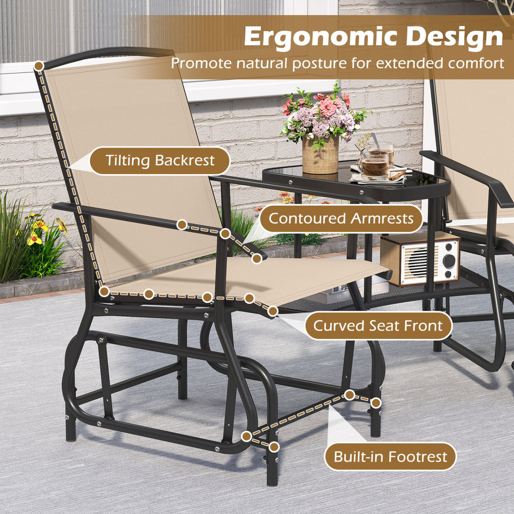 Ergonomic 2-seater outdoor glider bench with a built-in table, breathable mesh fabric, and contoured armrests for comfort.