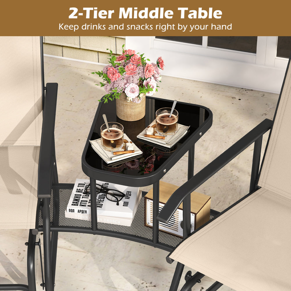 2-tier center table with a sleek design, perfect for holding drinks and snacks while enjoying the 2-seater outdoor glider bench.