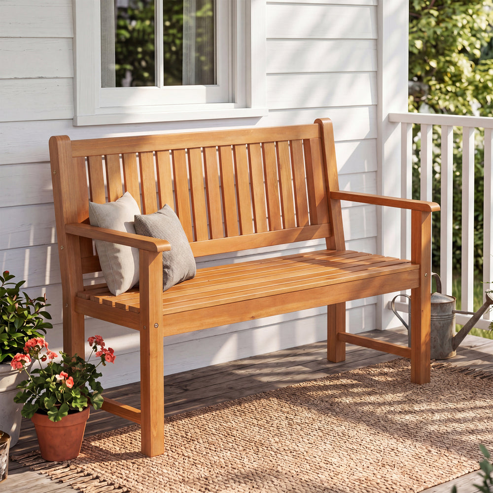 2-Seater Outdoor Wooden Bench with Backrest and Armrests-Natural - Gallery View 1 of 11