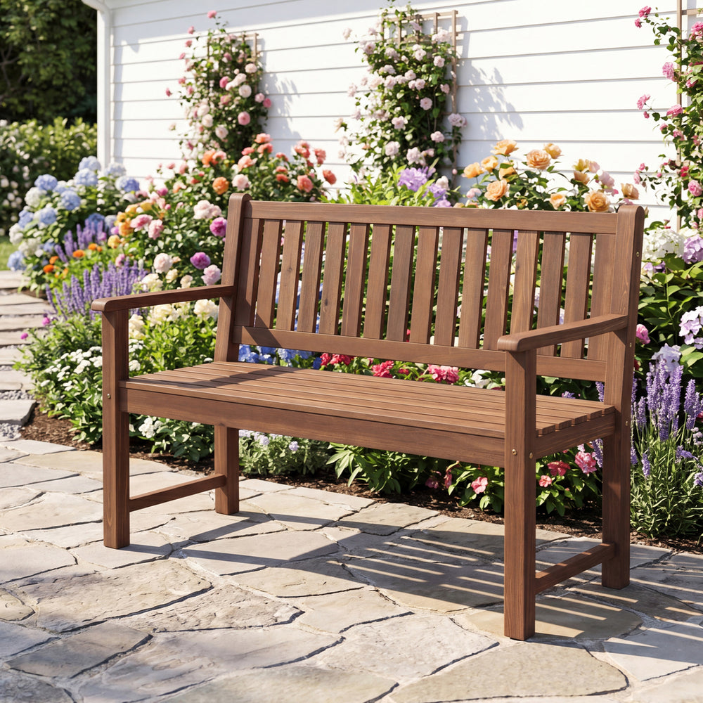2-Seater Outdoor Wooden Bench with Backrest and Armrests-Brown - Gallery View 1 of 9