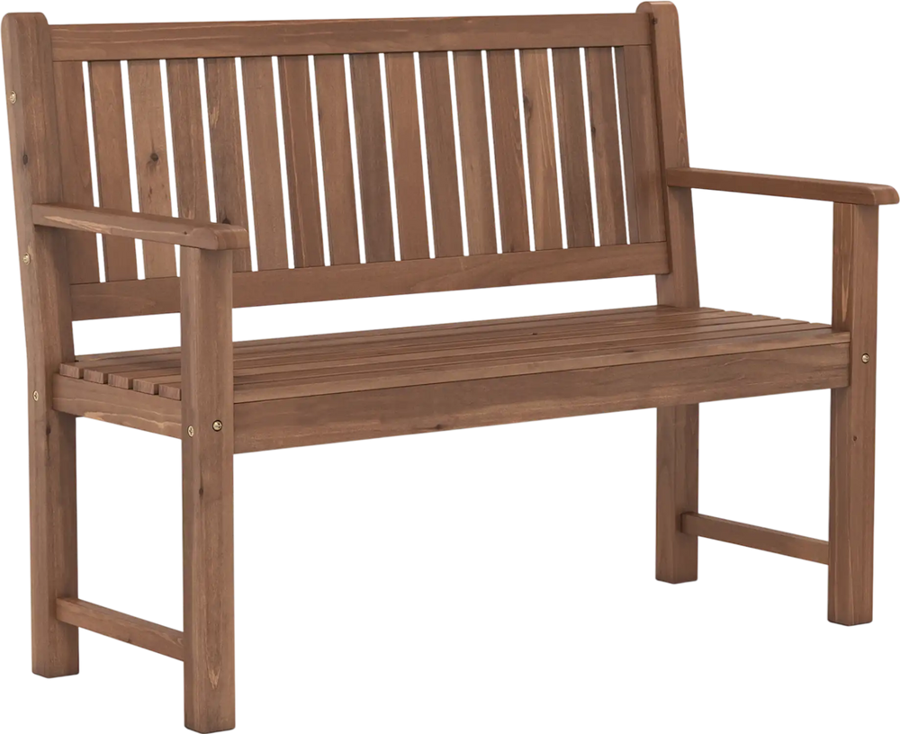 2-seater outdoor wooden bench in brown features a slatted design, sturdy fir wood frame, and wide armrests for comfort.