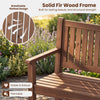 2-seater outdoor wooden bench with backrest and armrests, made of solid fir wood, designed for comfort and durability.