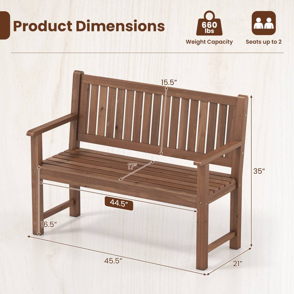 2-seater outdoor wooden bench in brown features a slatted design, sturdy fir wood frame, and supports up to 660 lbs.