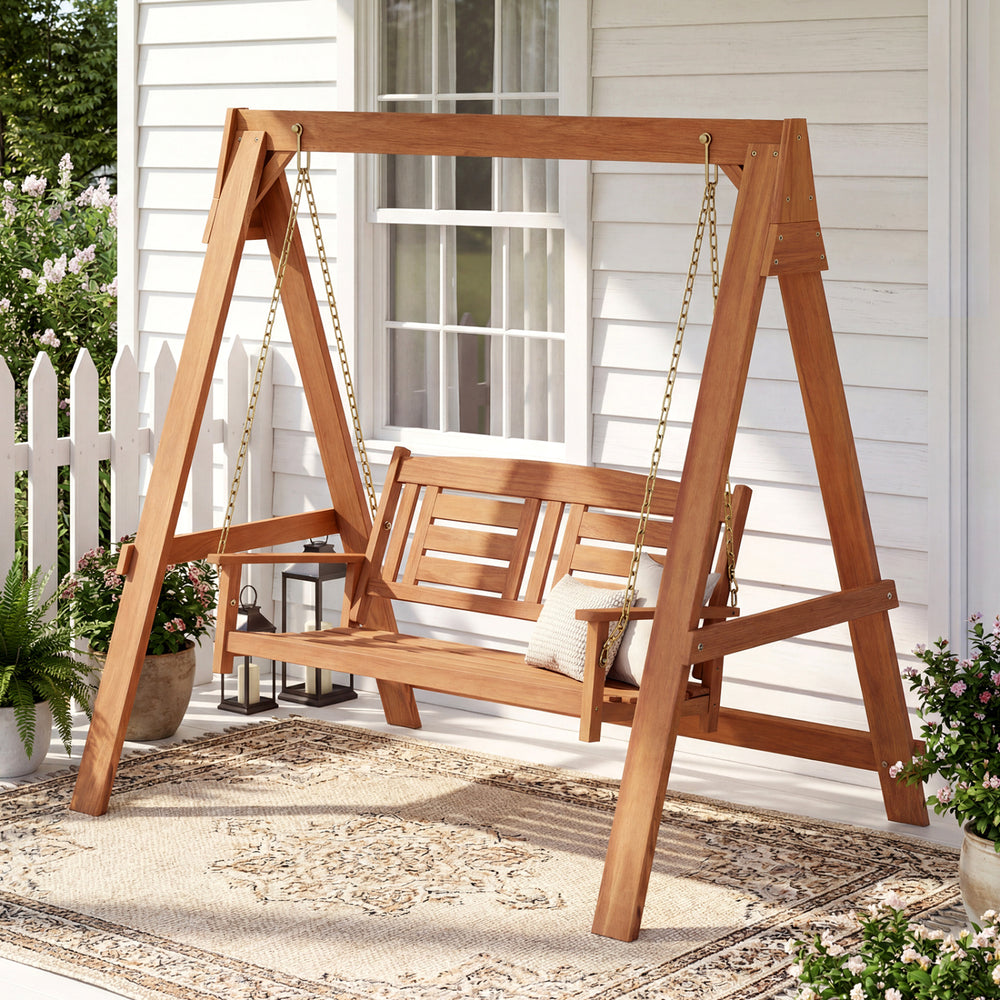 2-seater porch swing with stand, made of hardwood, featuring adjustable chains for customizable height, perfect for.