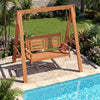 2-seater porch swing with stand in hardwood, featuring adjustable chains, set by the poolside for outdoor relaxation.