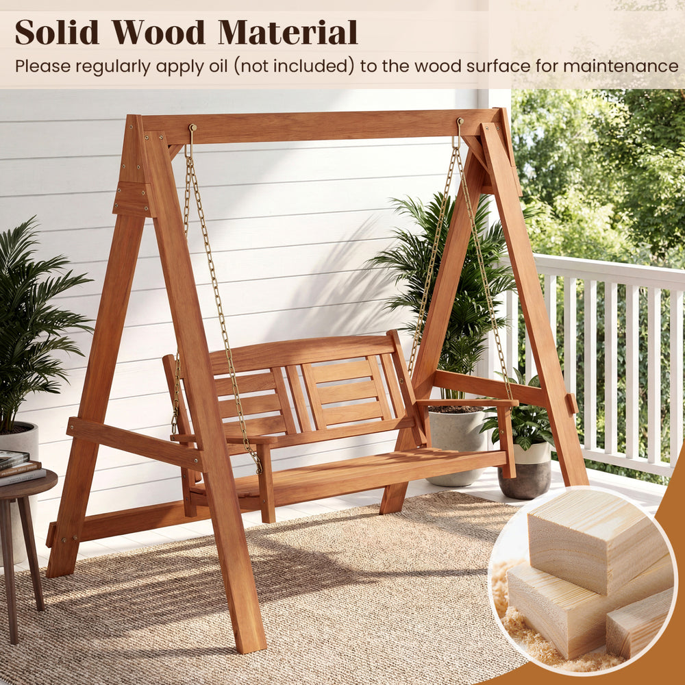 2-seater porch swing with stand in solid wood, featuring adjustable chains and a sturdy A-frame for outdoor relaxation.