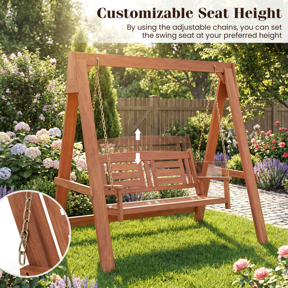 2-seater porch swing with adjustable chains, made of hardwood, perfect for patio or garden relaxation.