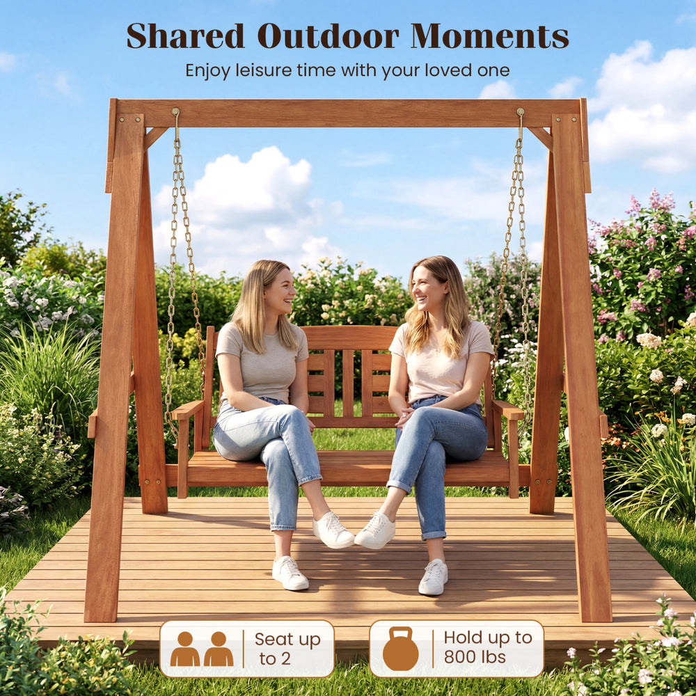 2-seater porch swing with adjustable chains, made of hardwood, supports up to 800 lbs, perfect for outdoor relaxation.
