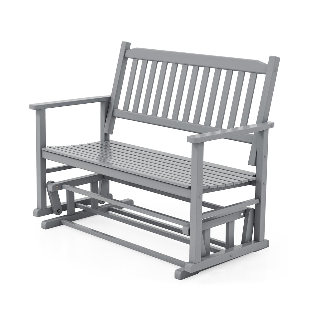 Gray 2-seat outdoor glider bench with armrests and slatted seat, perfect for garden or patio relaxation.