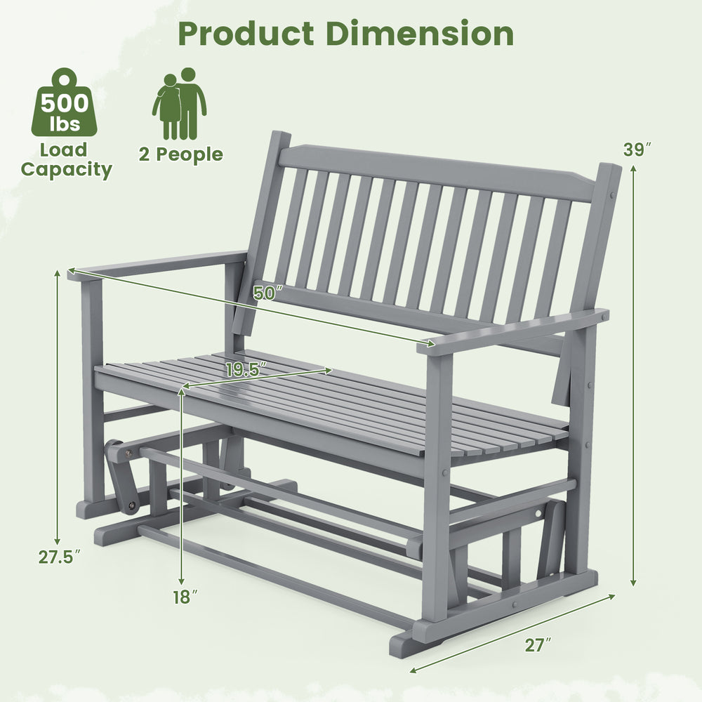 Gray 2-seat outdoor glider bench with armrests, slatted seat, and 500 lbs capacity, perfect for garden or patio use.