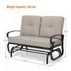 Outdoor swing glider chair dimensions showing a sturdy steel frame, comfortable cushions, and elegant design for two-person use.