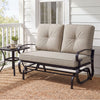 Outdoor swing glider chair for two with beige cushions, sturdy steel frame, and ergonomic design for patio relaxation.