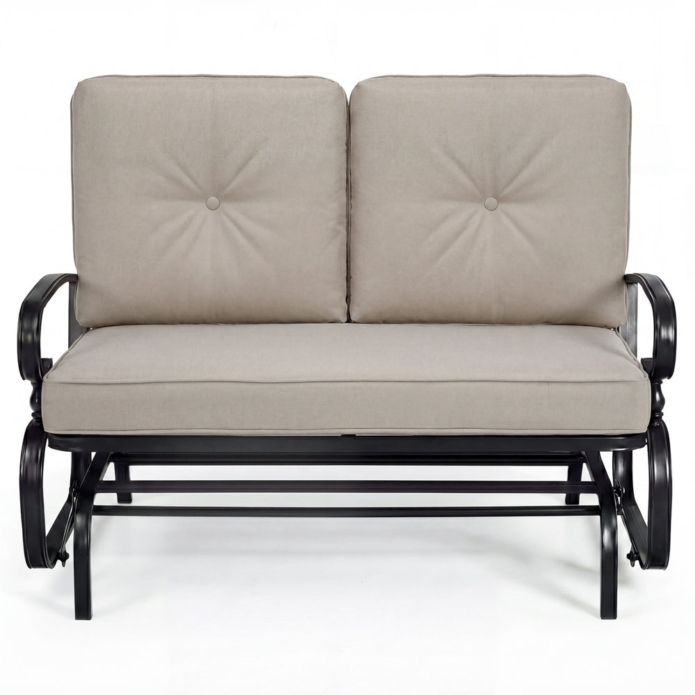 2-seat outdoor swing glider chair with beige cushions, sturdy steel frame, and ergonomic design for patio relaxation.