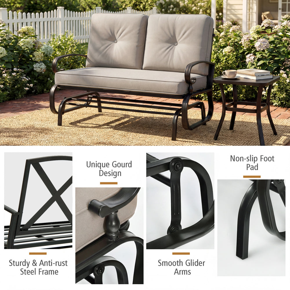 2-seat outdoor swing glider chair with beige cushions, sturdy steel frame, and unique gourd design for patio relaxation.