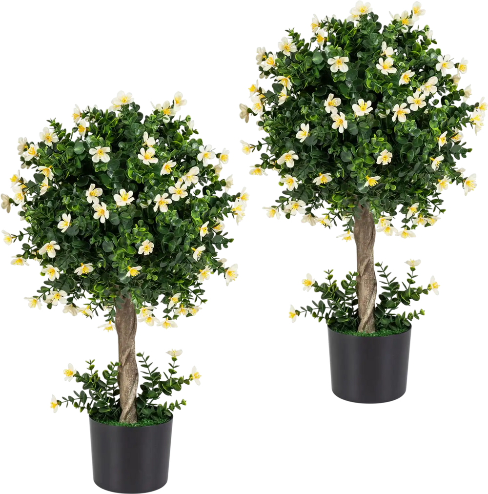 Two 26-inch artificial topiary trees with white blossoms in weighted pots, perfect for home decor and maintenance-free greenery.