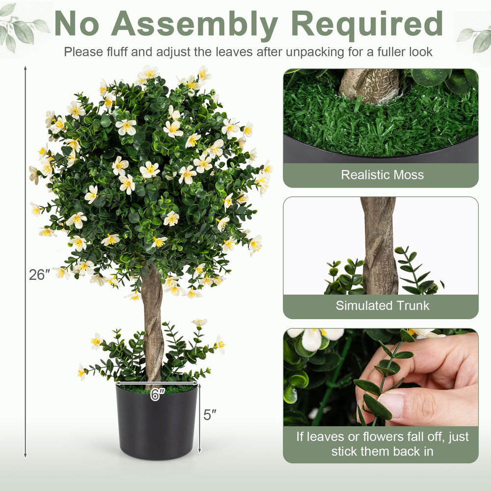 Artificial topiary tree with white blossoms, 26 inches tall, perfect for home decor and maintenance-free greenery.