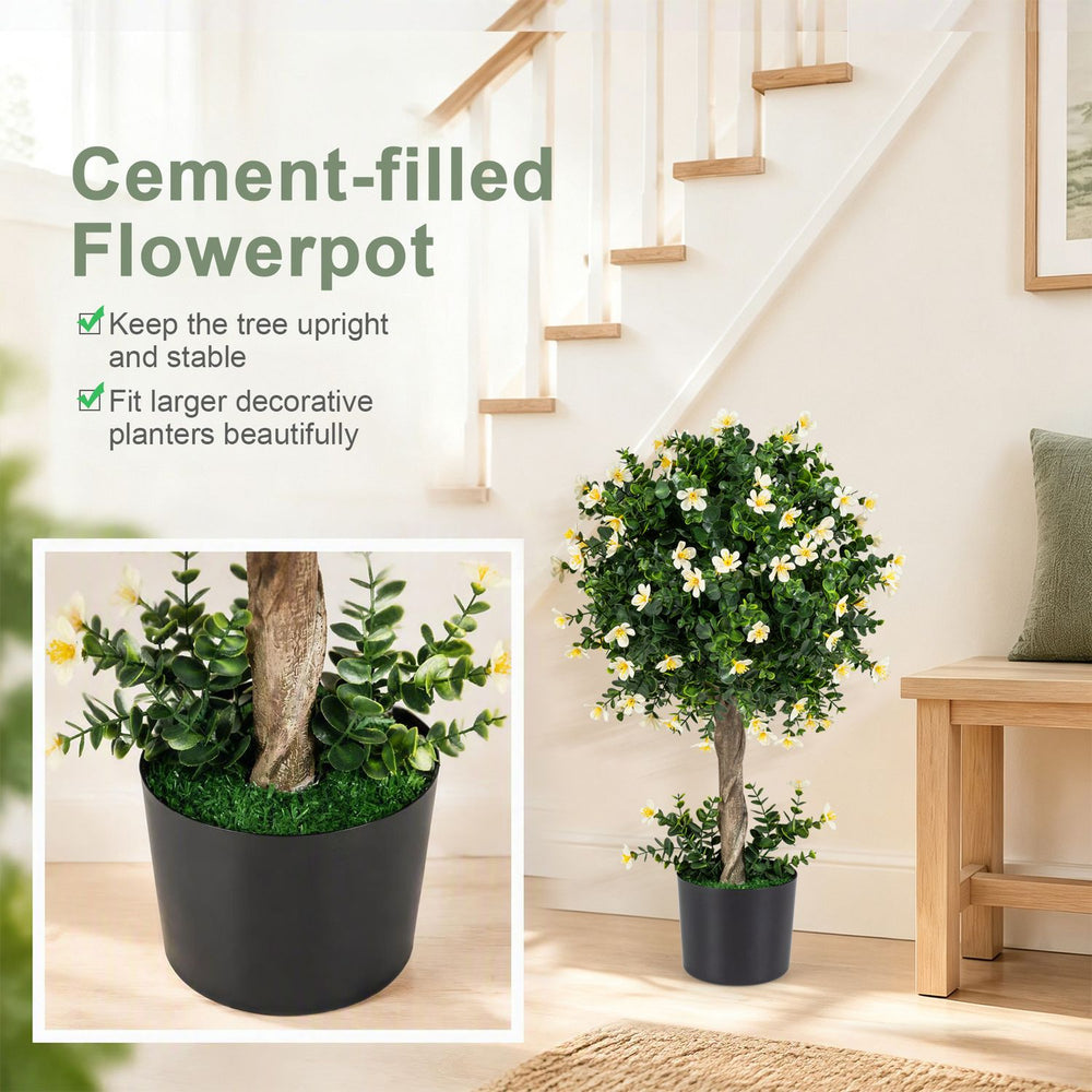 Artificial topiary tree with white blossoms in a weighted pot, perfect for home decor and maintenance-free greenery.