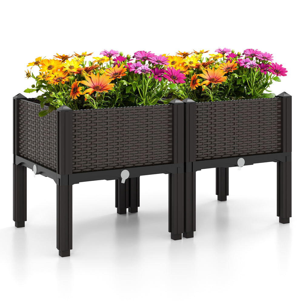 Elevated plastic raised garden bed planter kit with two boxes, rattan pattern, ideal for flowers and vegetables.