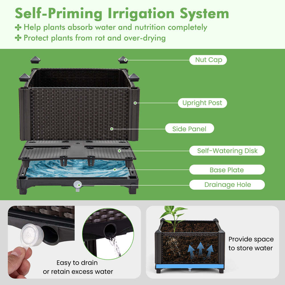 Self-watering disk and drainage hole of the elevated plastic raised garden bed planter kit for efficient irrigation.