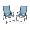 Two blue patio dining chairs with armrests and metal frame, featuring a folding design for easy storage and outdoor use.
