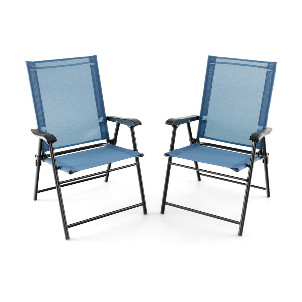 Two blue patio dining chairs with armrests and metal frame, featuring a folding design for easy storage and outdoor use.