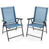 Two blue patio dining chairs with armrests and metal frame, featuring a folding design for easy storage and transport.
