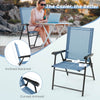 Patio dining chair with blue fabric, inclined backrest, and curved armrests, perfect for outdoor use and comfort.