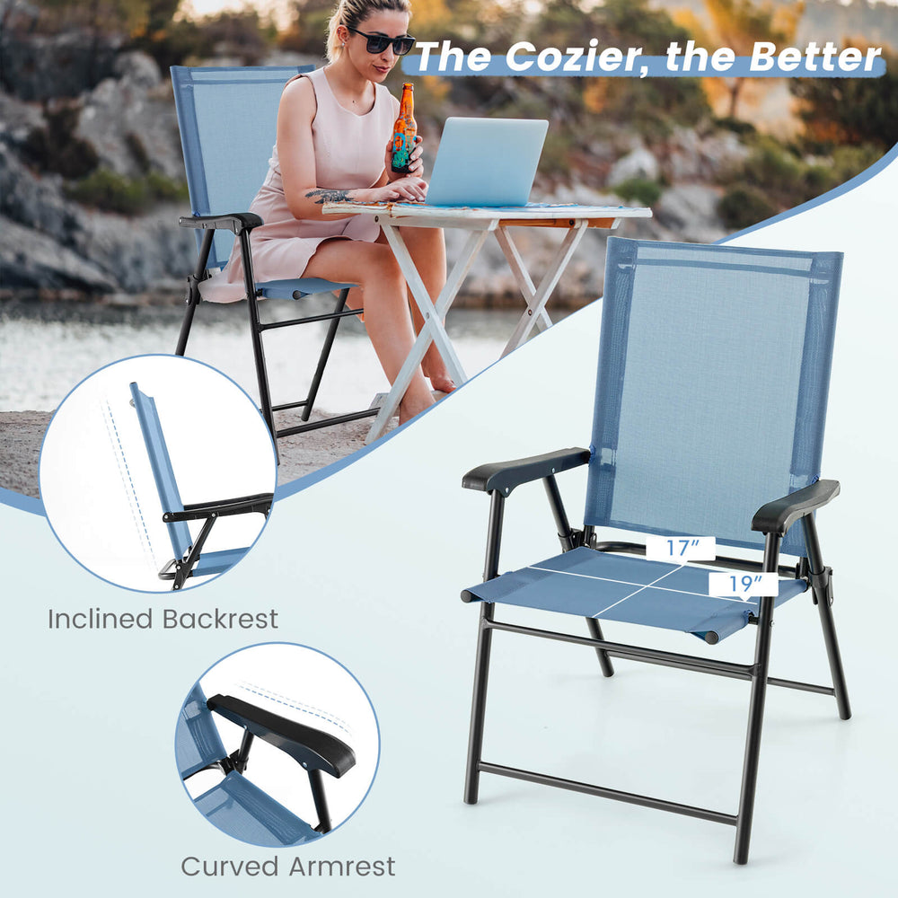 Patio dining chair with blue fabric, inclined backrest, and curved armrests, perfect for outdoor use and comfort.