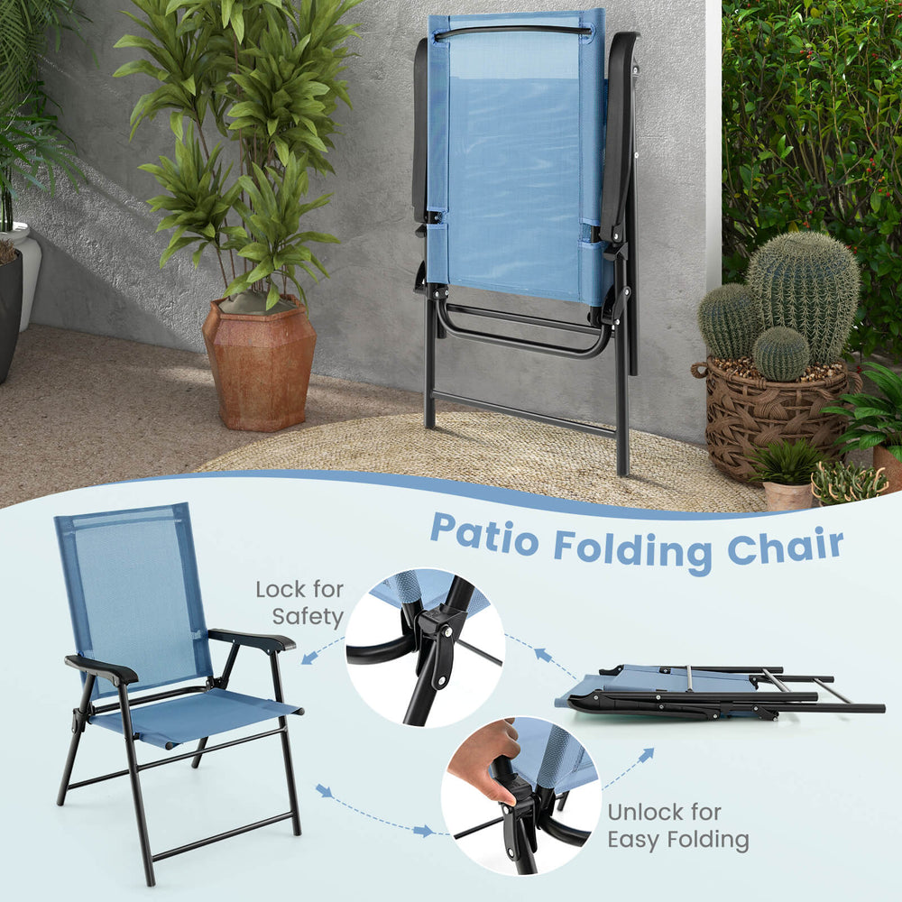 Patio folding chair in blue with armrests and metal frame, featuring a lock for safety and easy folding for outdoor use.