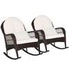 Two patio rattan rocking chairs with white cushions, featuring ergonomic design and durable hand-woven PE rattan for.