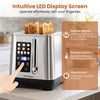 Stainless steel toaster with LED display, 6 browning levels, and 4 bread types for effortless toasting.