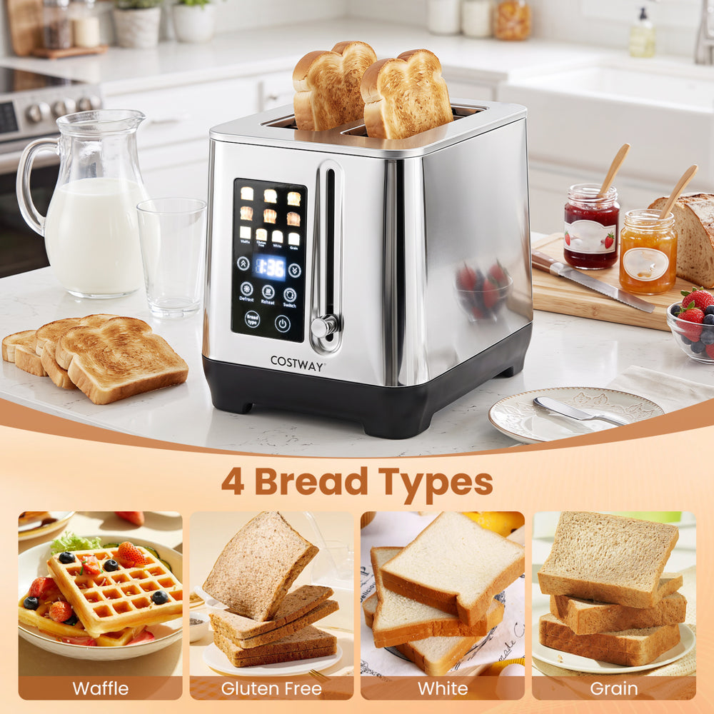 Toaster with a sleek stainless steel finish, designed for four bread types and featuring a convenient stop button for easy operation.