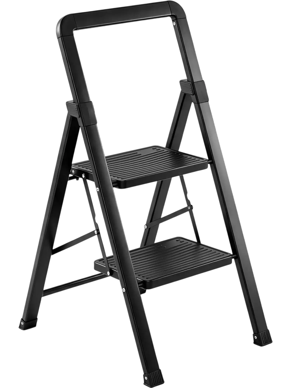 Black folding step stool featuring wide anti-slip pedals and a robust metal frame for stable climbing and support.