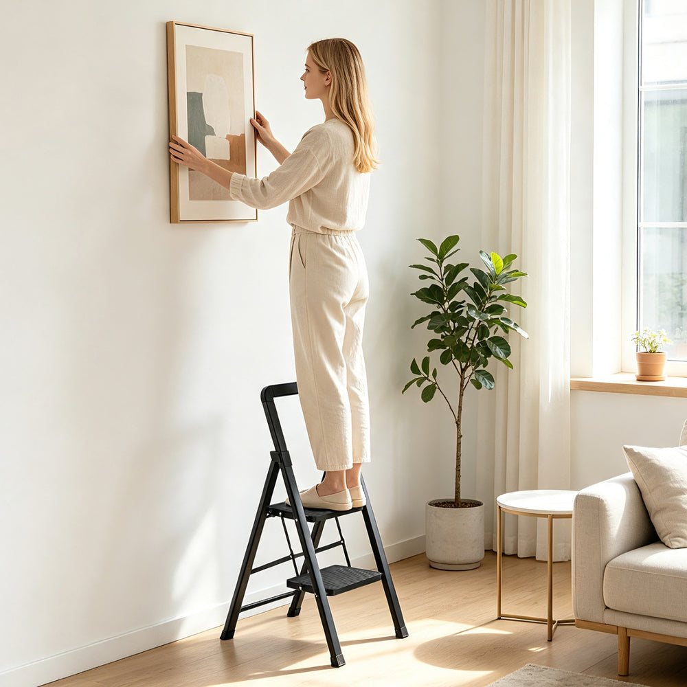 2 Step Black Folding Step Stool with Wide Anti-slip Pedals - Gallery View 1 of 9