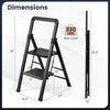 2-step black folding step stool features wide anti-slip pedals and a robust metal frame, ideal for safe climbing.