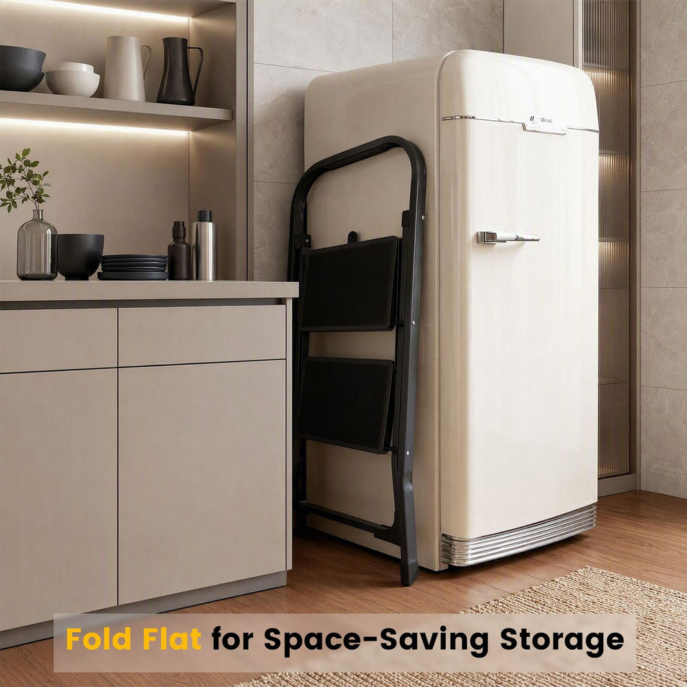 2 step ladder folding step stool with handrail features wide anti-slip pedals and folds flat for easy storage.